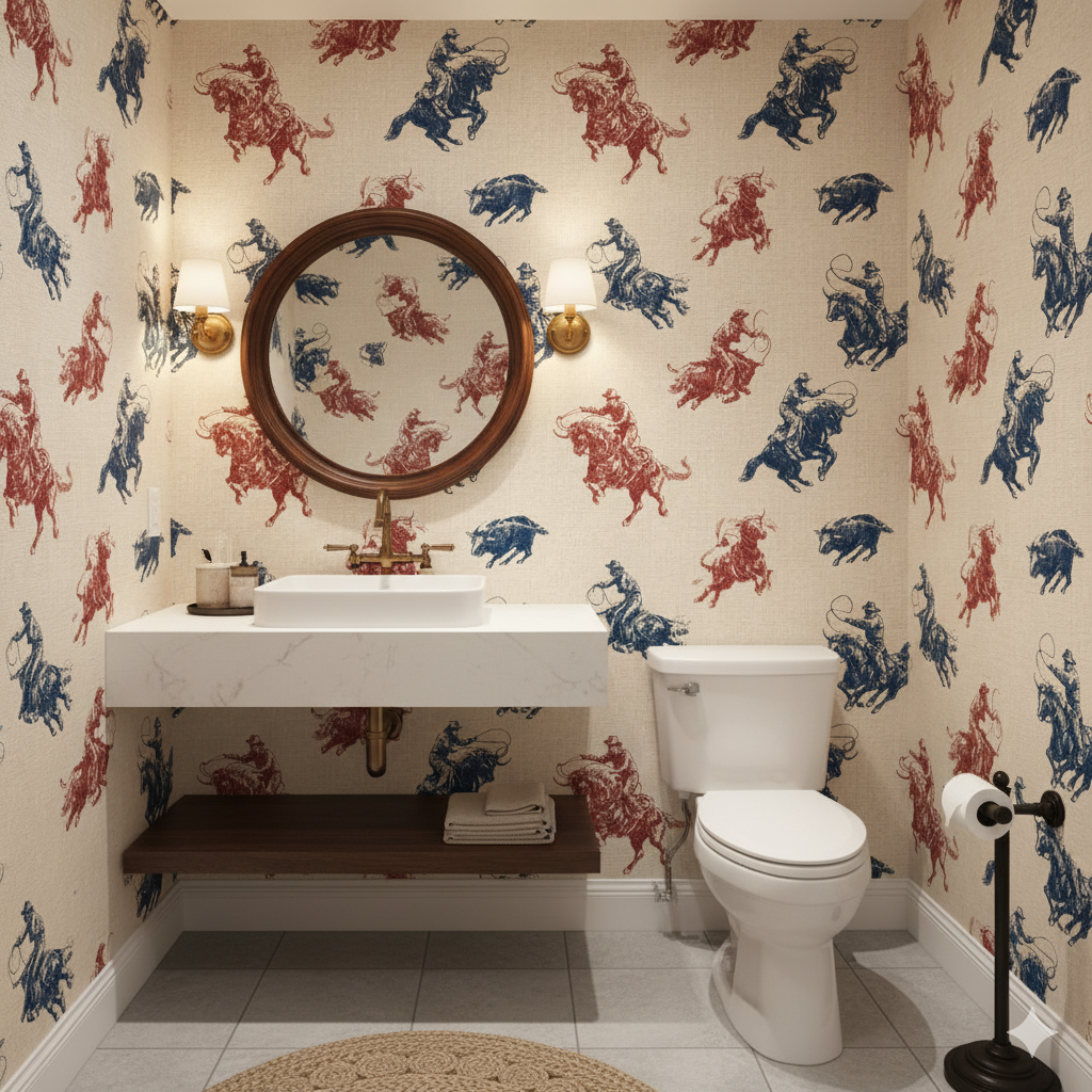 Rodeo Sketch Wallpaper featuring horse and rider pattern, plus wild hogs, on a textured neutral background.

