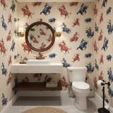 Rodeo Sketch Wallpaper featuring horse and rider pattern, plus wild hogs, on a textured neutral background.
