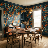 Colorful patterned wallpaper with orange and teal floral designs, covering the walls of a dining room.
