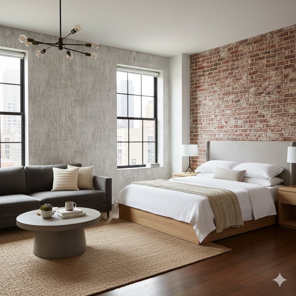 Prairie Ghost wallpaper with a textured gray pattern, and used on a bedroom accent wall.
