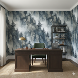 Granite Hollow Wallpaper featuring a mountain and pine tree pattern, against a light grey background.
