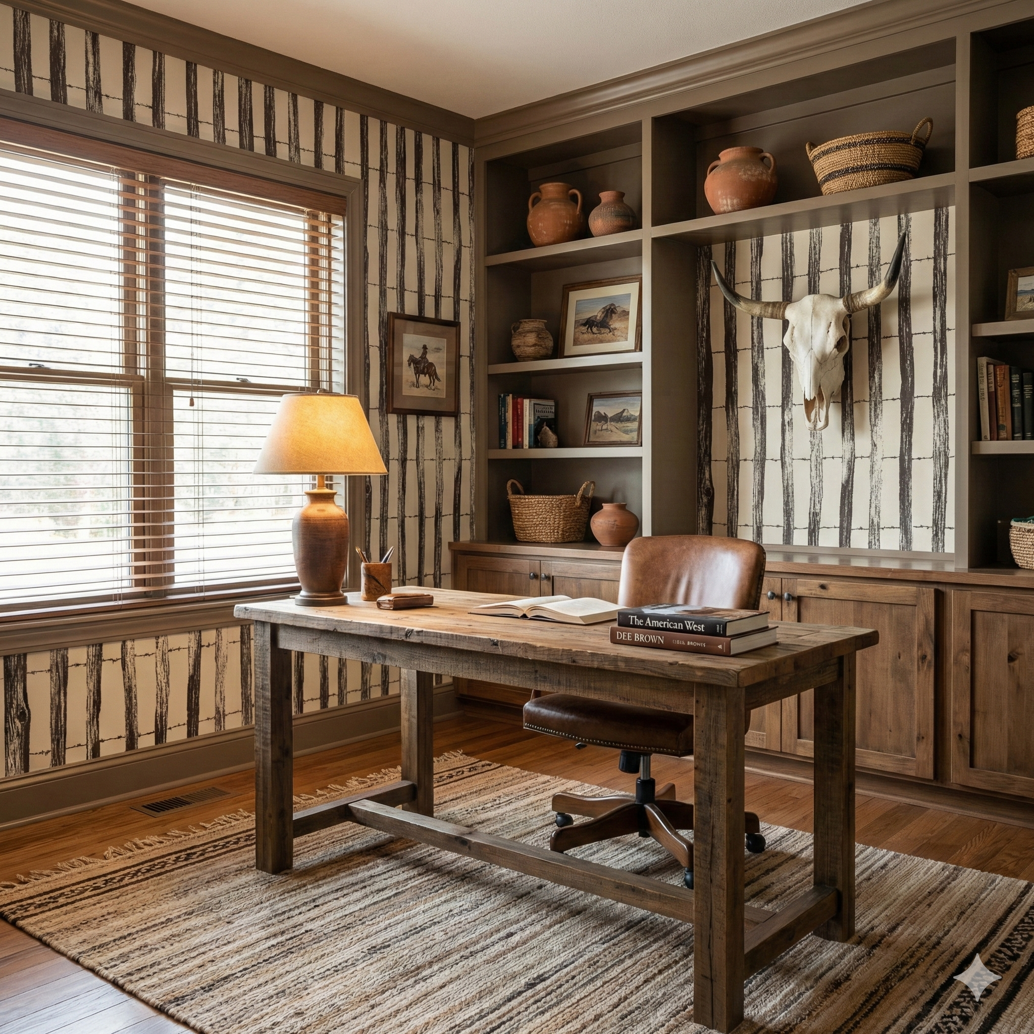 Fence Line Study Wallpaper with barbed wire pattern and a rustic, western aesthetic.