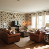 High Plains Relic wallpaper with a skull repeat pattern, covering a living room wall.