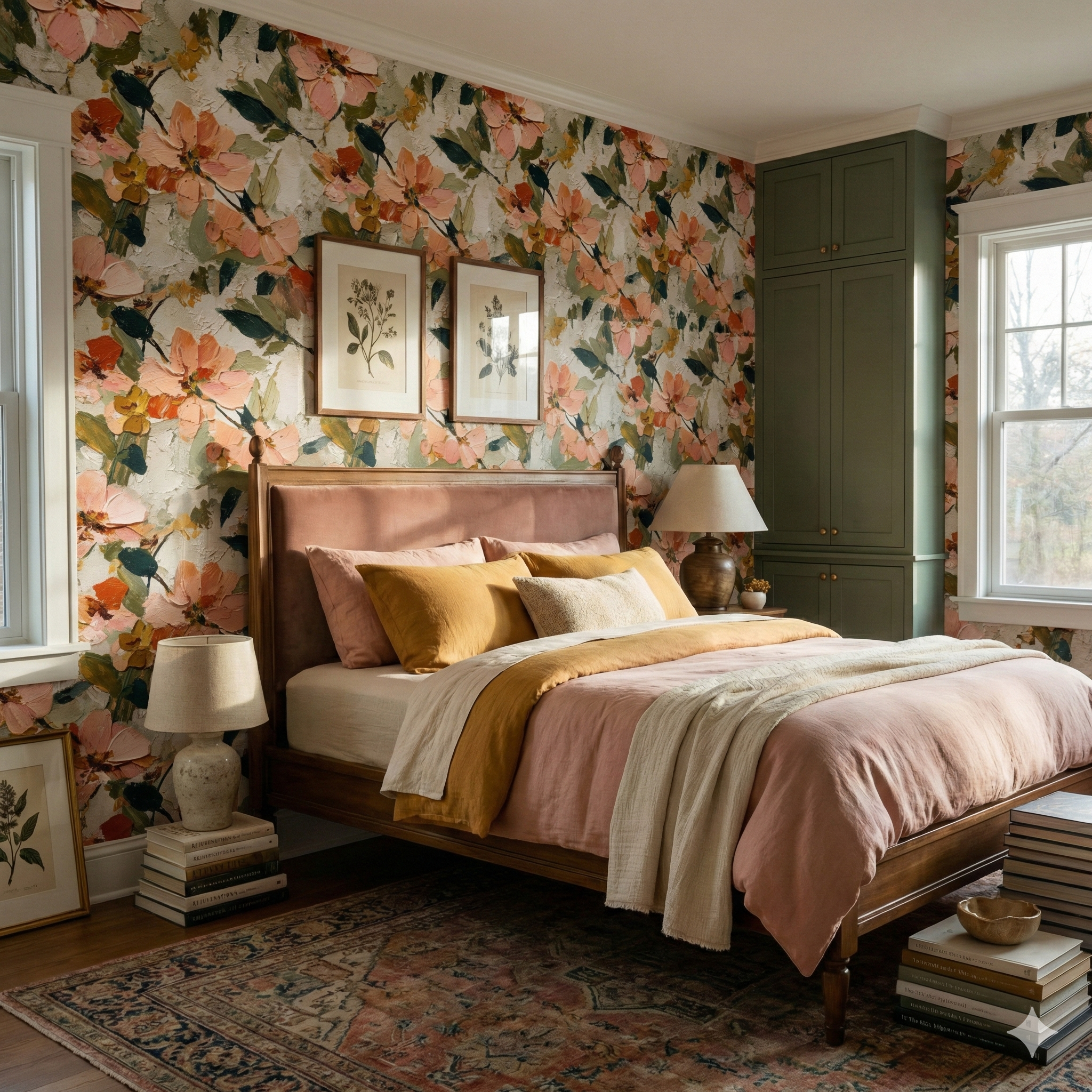 Floral Garden Oil Sketch Wallpaper with botanical pattern, against a bedroom setting.