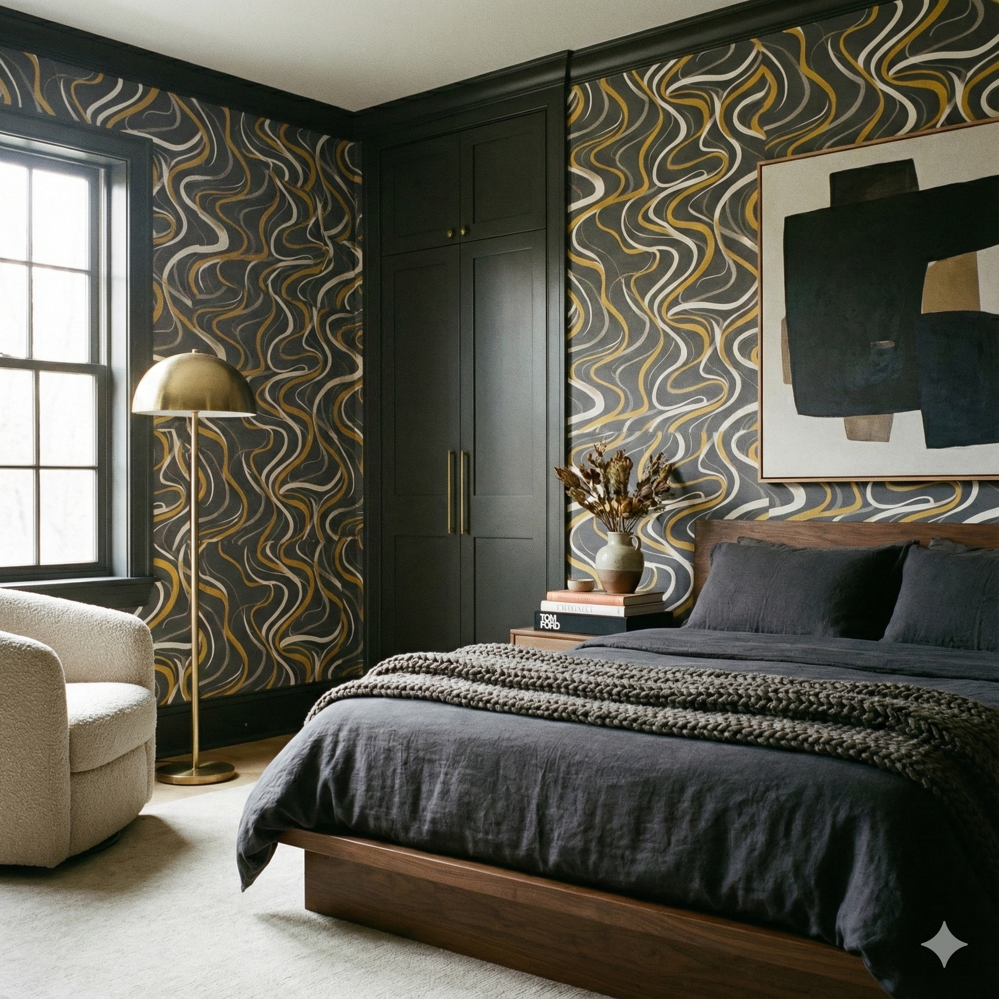Current patterned wallpaper from Goldshore with wavy gold and white lines on a gray background.