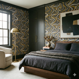 Current patterned wallpaper from Goldshore with wavy gold and white lines on a gray background.