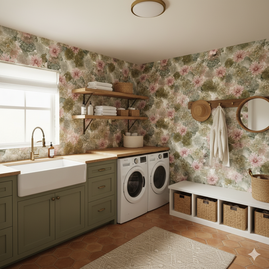 Desert Bloom Cactus Wallpaper with floral patterns on the wall, complementing the room's earthy design.