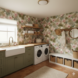 Desert Bloom Cactus Wallpaper with floral patterns on the wall, complementing the room's earthy design.