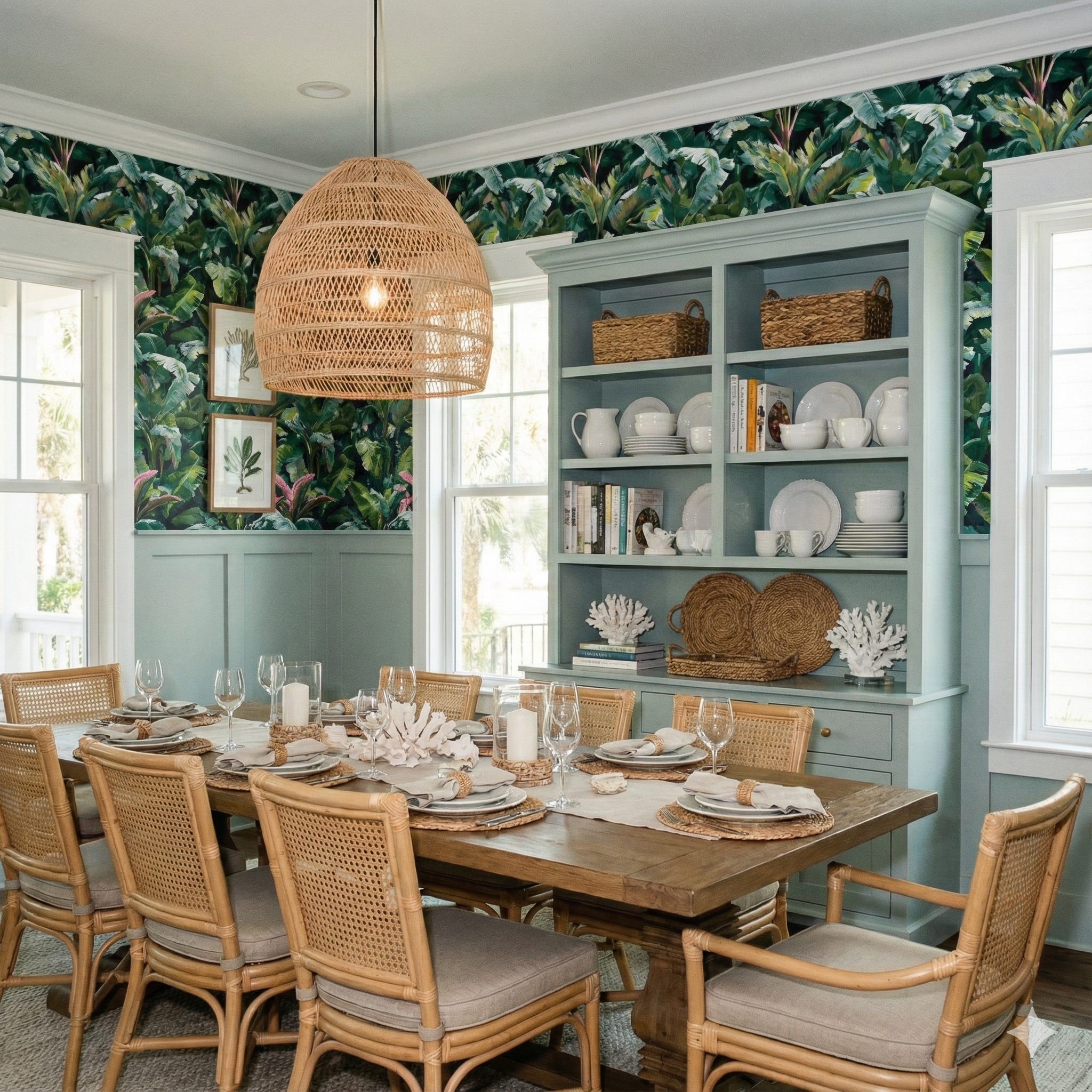 Tropical foliage wallpaper with banana leaves and greenery, covering the walls above pale green wainscoting.