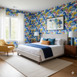 Arcadia Tide wallpaper with colorful abstract pattern on the bedroom wall.
