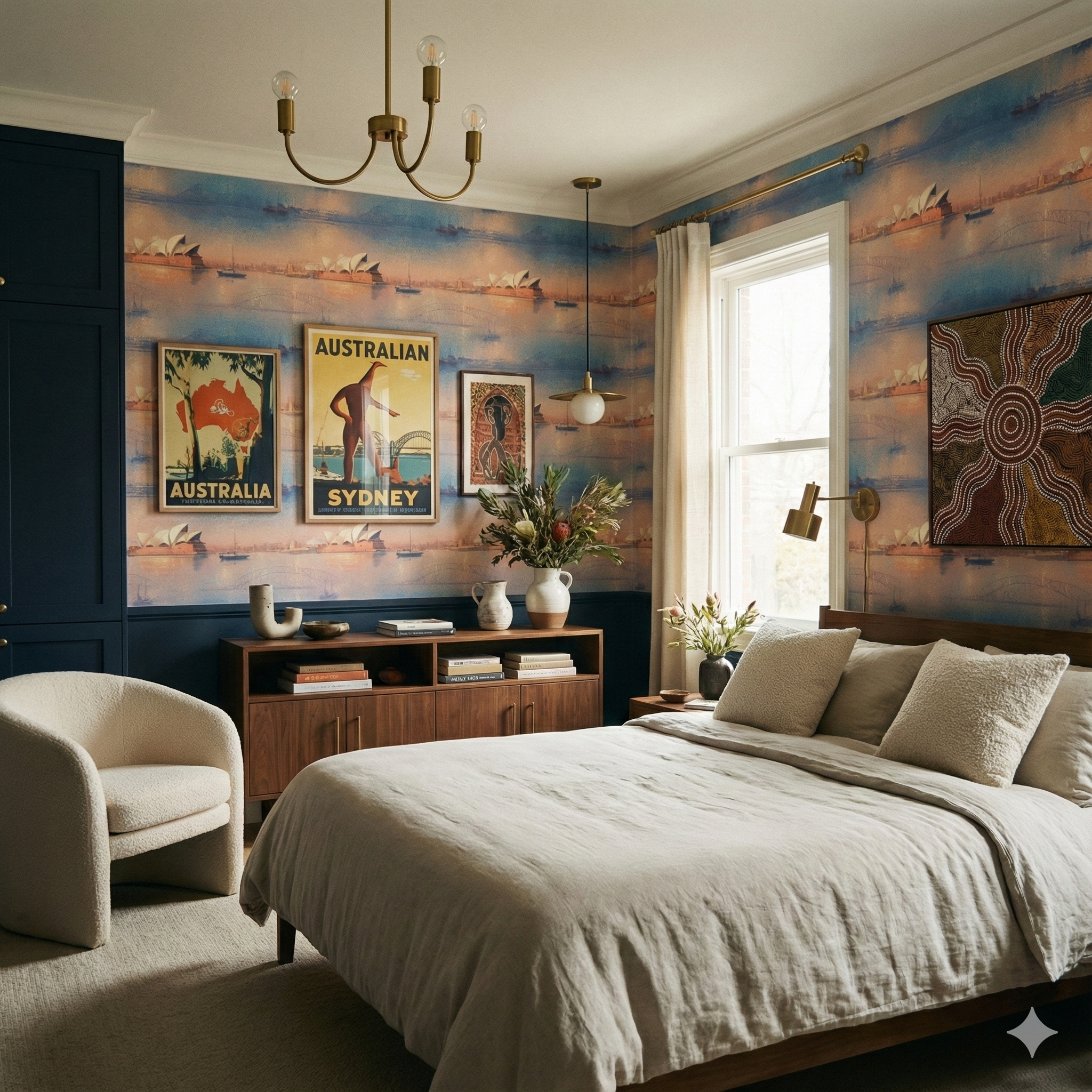 Harbourlight Serenade Wallpaper with Sydney Opera House skyline print, decorating bedroom walls.