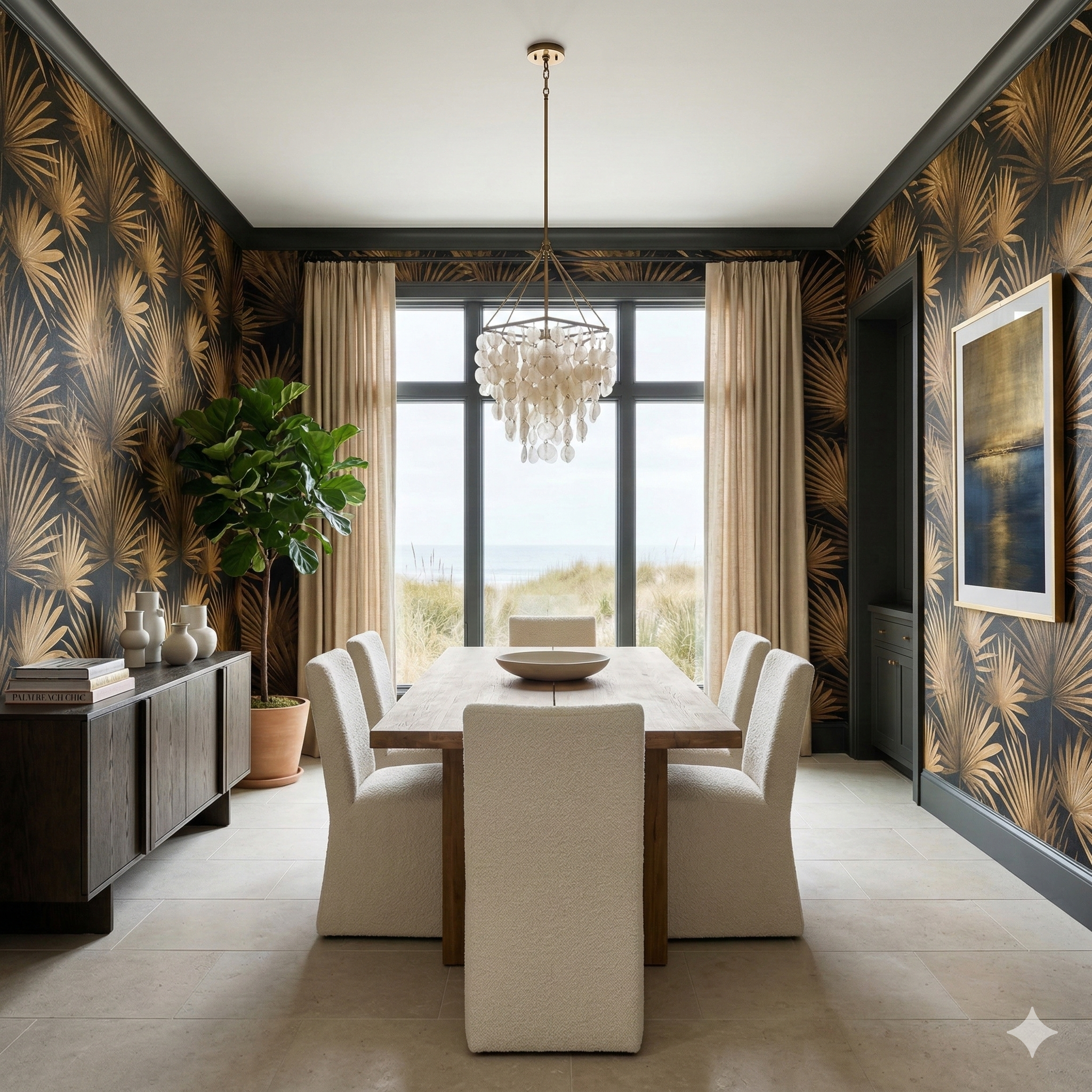 Palm leaf patterned wallpaper in gold and black, with a tropical design.