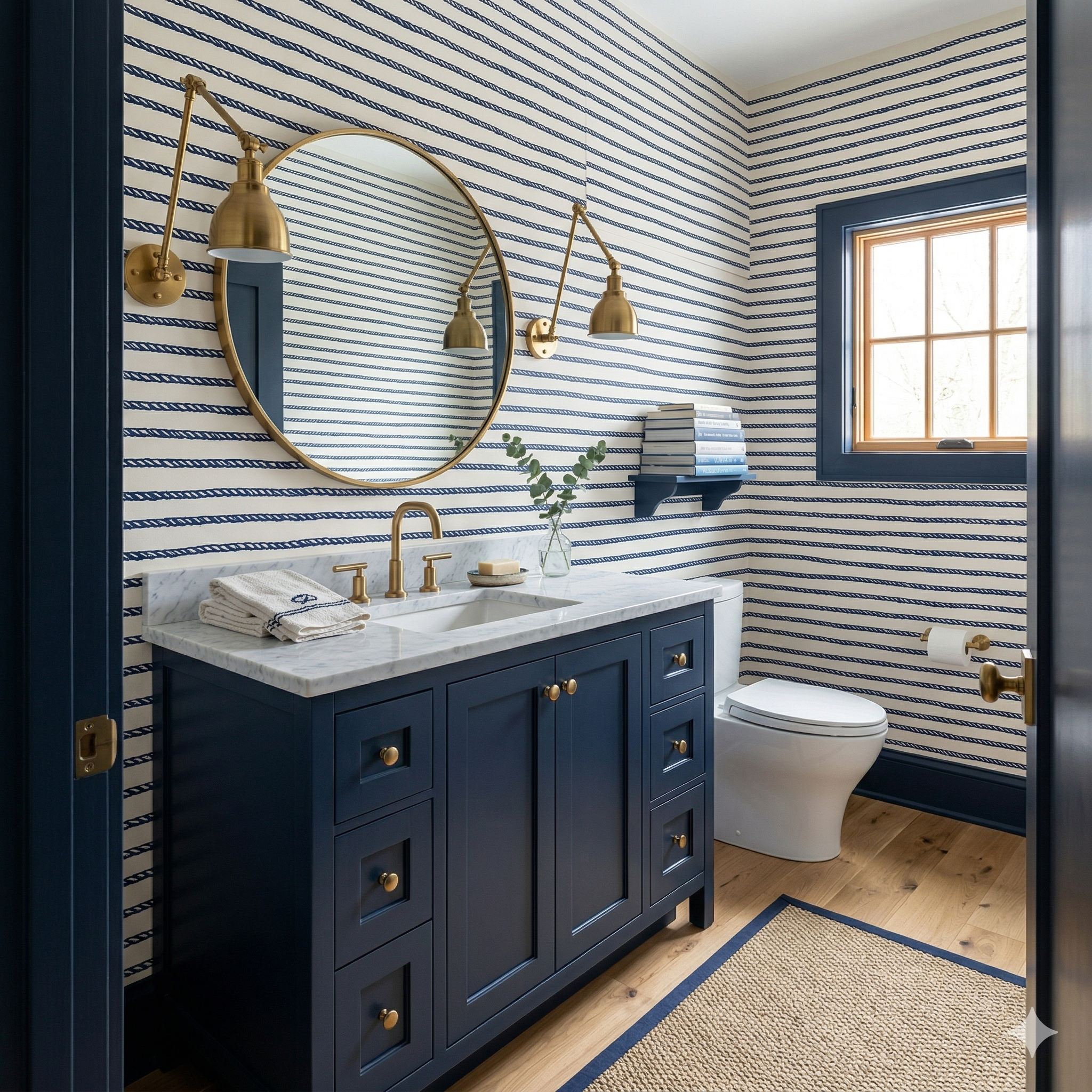 Nautical-themed wallpaper with blue rope pattern on white background; matching navy blue vanity cabinet and golden fixtures are visible.
