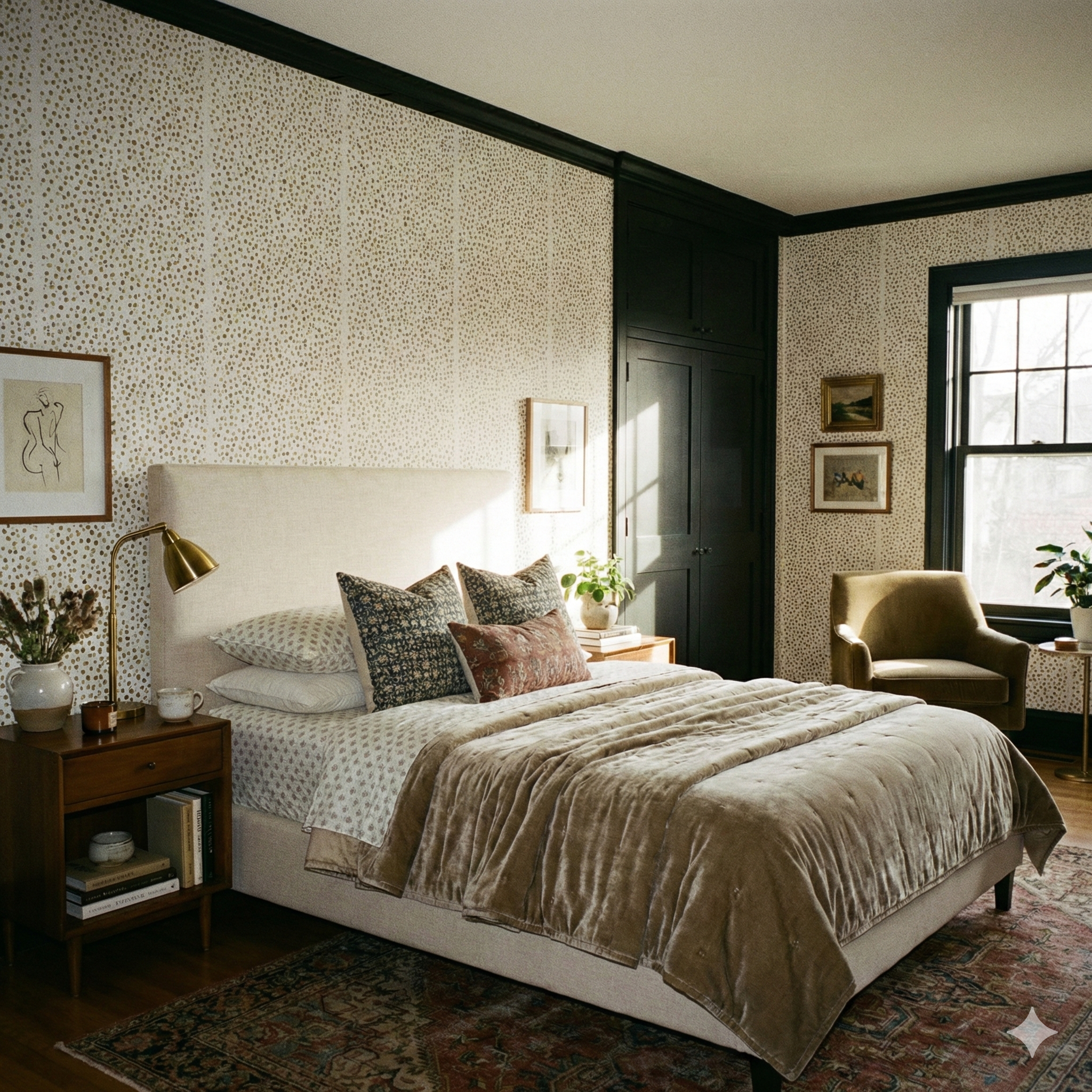 Champagne stipple wallpaper with gold dot pattern on the wall behind a bed.