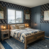 Nautical knotwork wallpaper with a woven rope pattern, styled in a bedroom with a window view of the rocky ocean coastline.