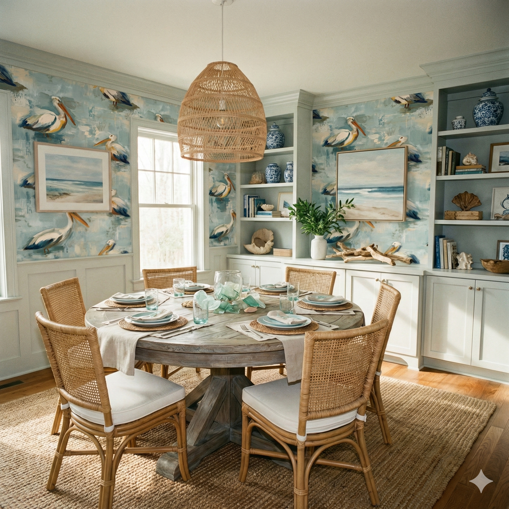 Caspian Drift Wallpaper with a blue pelican pattern on a painted-style background.