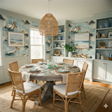 Caspian Drift Wallpaper with a blue pelican pattern on a painted-style background.