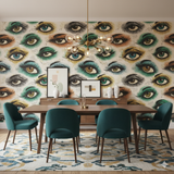 The Watchers Wallpaper with eye pattern on a dining room wall.