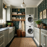 Green floral wallpaper with botanical pattern, decorating a laundry room interior.