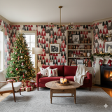 Nordvik Wallpaper with a Christmas gnome pattern covers a room, styled with a Christmas tree and red couch.
