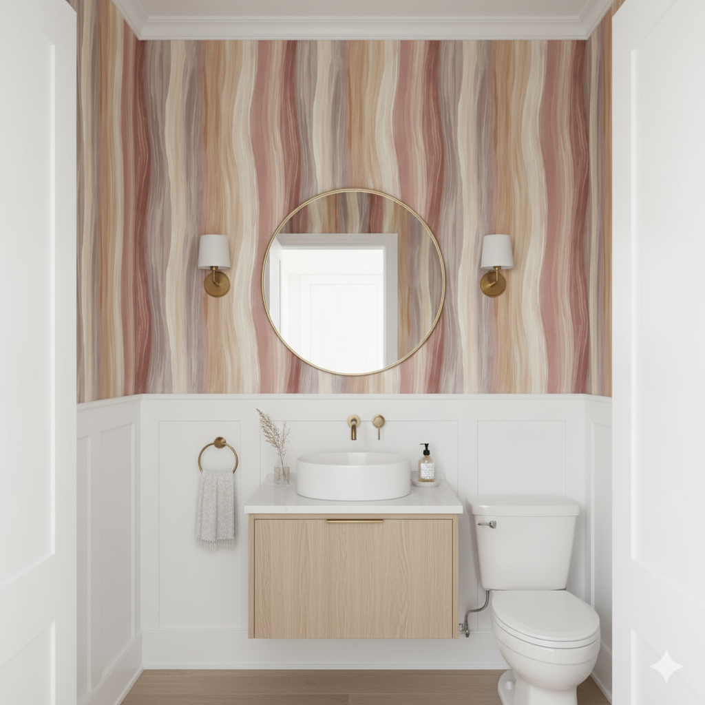 Rosewood Current Wallpaper featuring a wavy pattern, with shades of brown, tan, and mauve.

