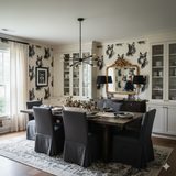 Dog-patterned wallpaper from Ironwood Manor, covering the walls of a dining room with a modern light fixture.