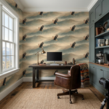 Highland Aerie Wallpaper with eagle and mountain pattern on the walls of a home office.