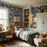 Bellewave Monarchs Wallpaper with colorful butterflies against a dark blue background, adding a whimsical touch.
