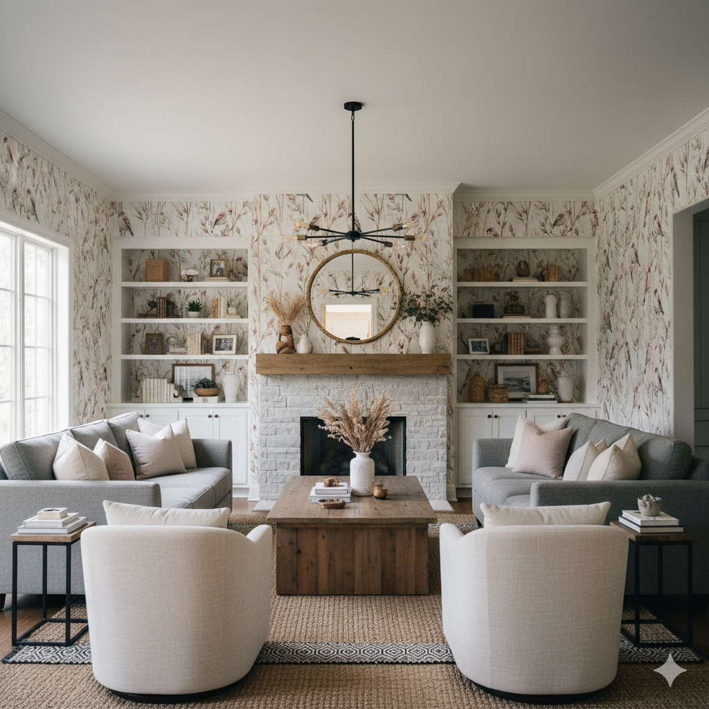 Patterned wallpaper by York Wallcoverings depicting birds and foliage in a living room with neutral decor.
