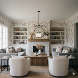 Patterned wallpaper by York Wallcoverings depicting birds and foliage in a living room with neutral decor.
