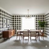 Patterned wallpaper by Brewster, with alternating dark and light geometric shapes over a neutral background.