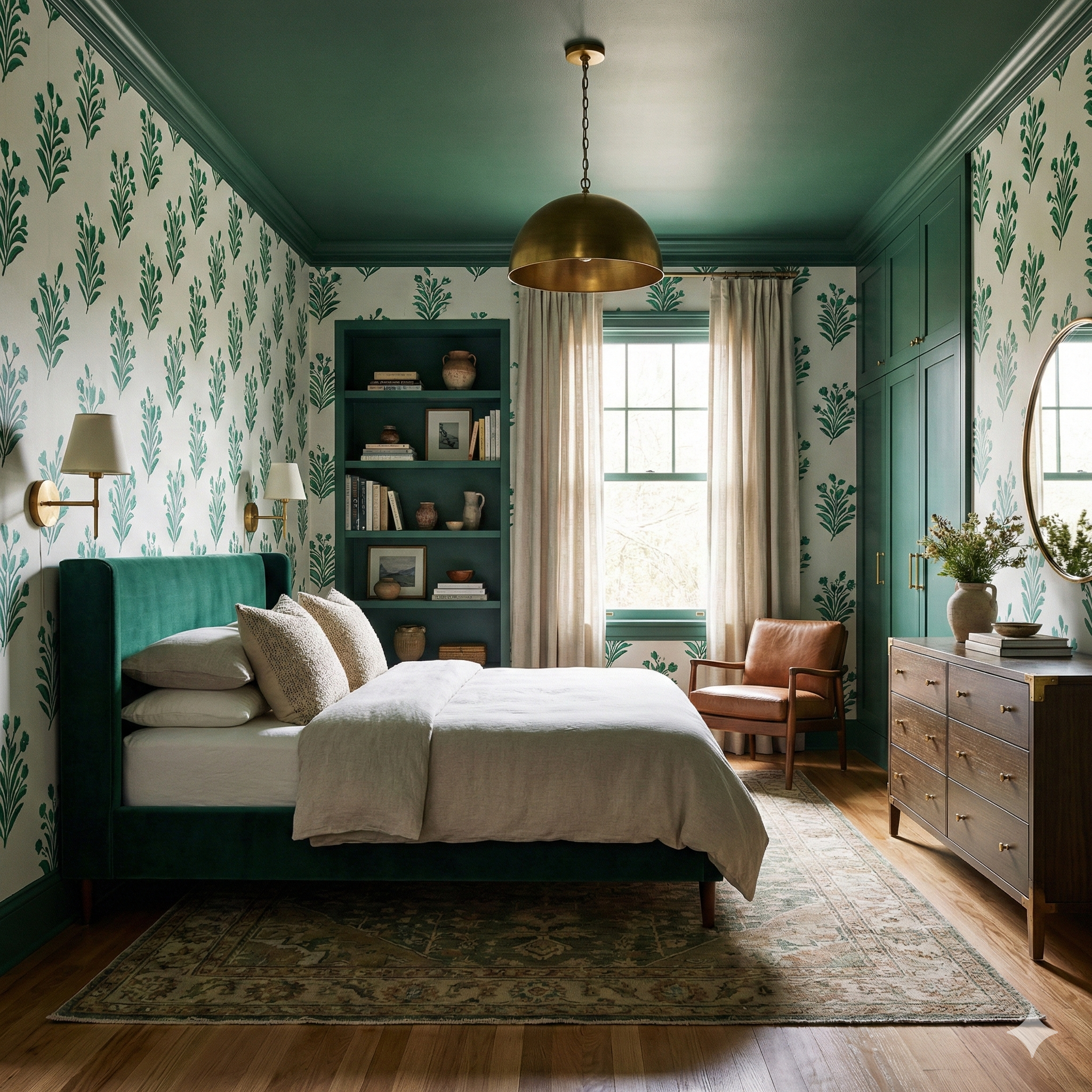 Verdant stem register wallpaper with a floral pattern and green foliage, covering the bedroom walls.
