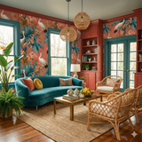 Coral estate wallpaper with a tropical bird and floral design, covering the walls of a living room.

