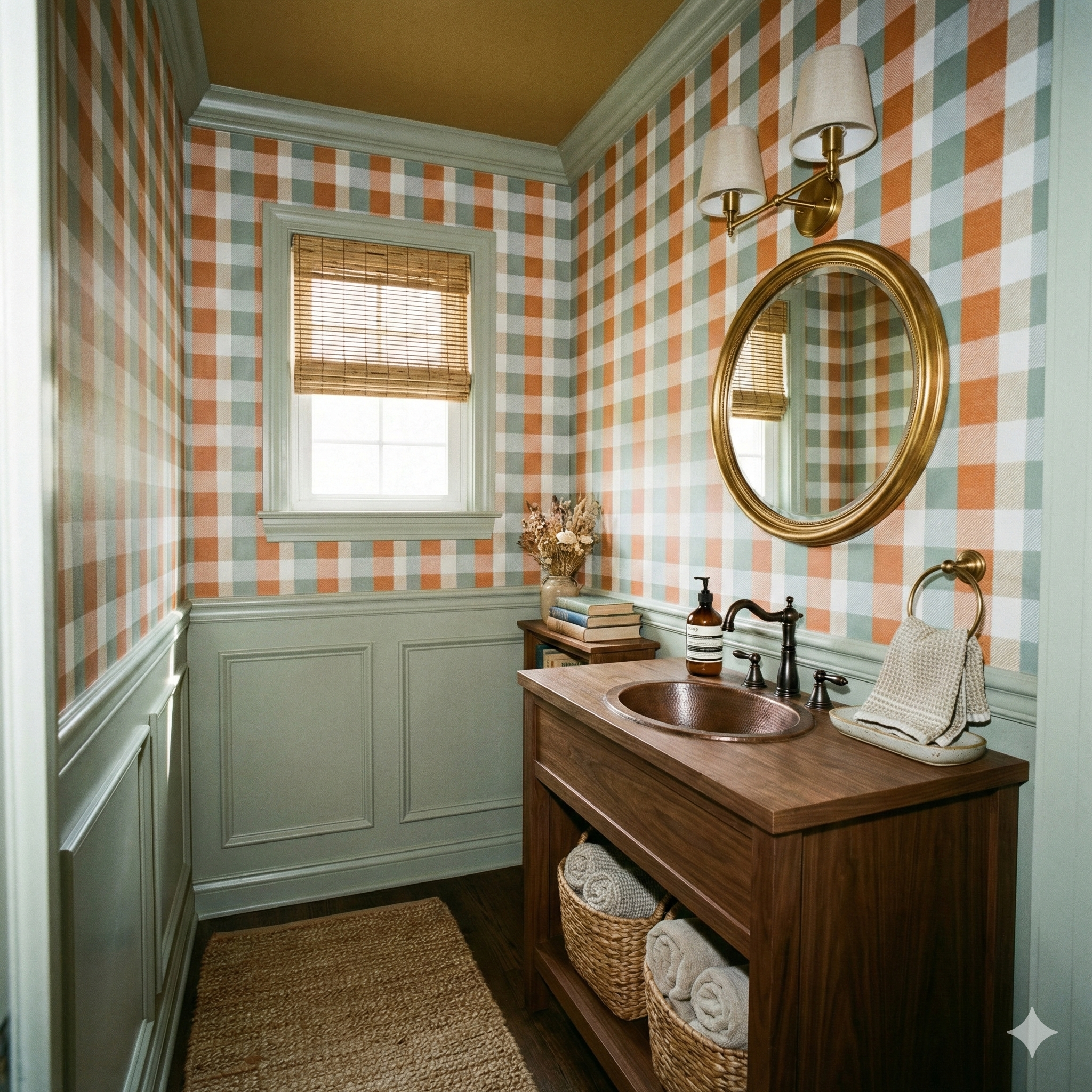 Fieldstone Picnic Check Wallpaper with orange and green plaid pattern.
