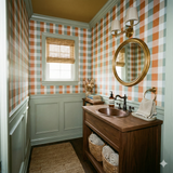 Fieldstone Picnic Check Wallpaper with orange and green plaid pattern.
