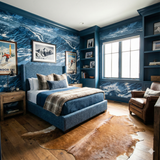 Rendezvous Blue Wallpaper with mountain scene by Candice Olson, covering the bedroom walls.