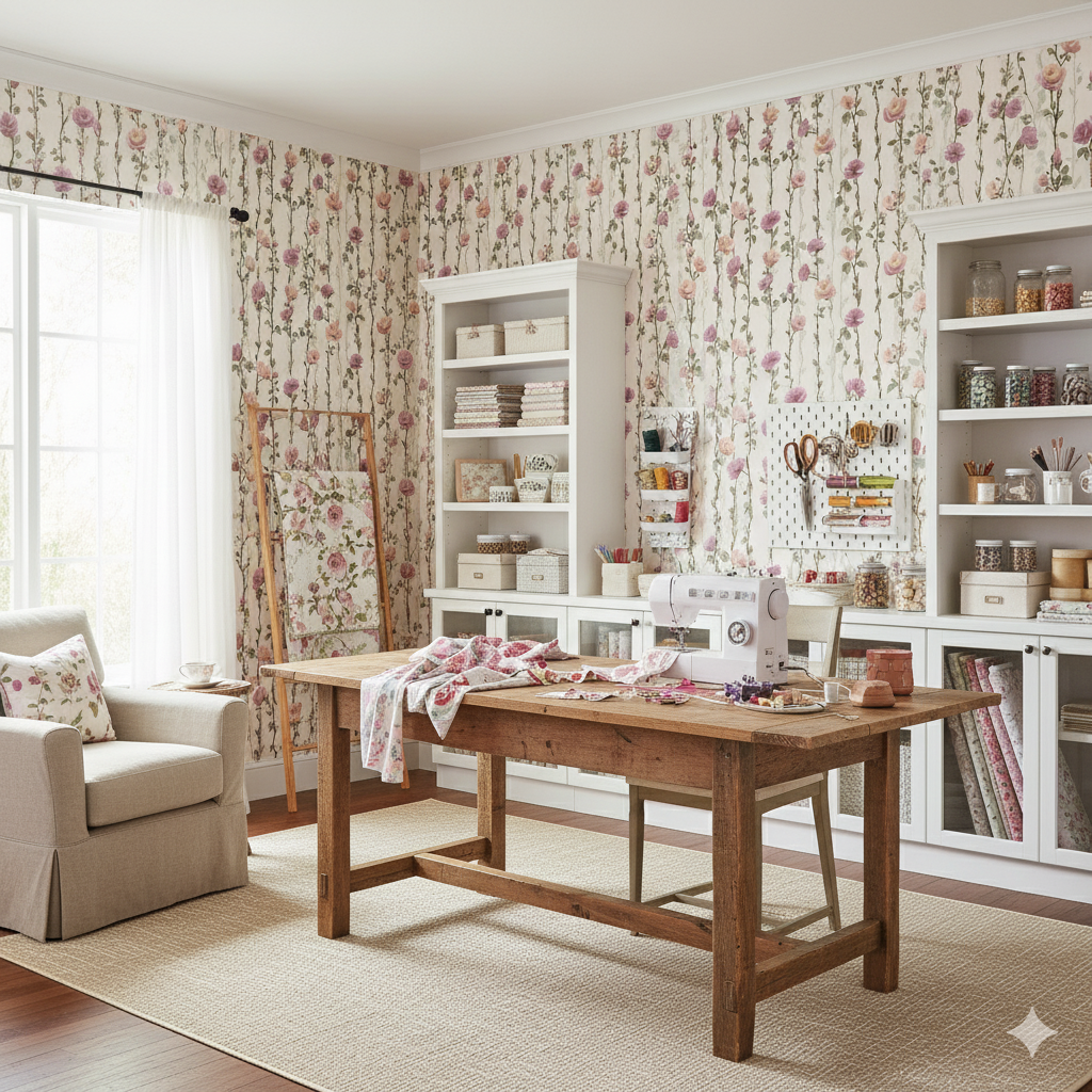 Floral Vineyard Rosewalk Wallpaper with pink roses on vines, featuring a vintage-style sewing room.
