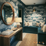Zephyr Canopy Wallpaper with a blue and white tree pattern covering the walls of an entryway.
