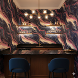 Artistic marble-patterned wallpaper with pink, gold, and navy veins, covering a wall with built-in shelves.
