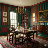 Huntsman canvas wallpaper with striped pattern, in a traditional dining room setting.