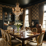 Gilded wallpaper with fan pattern, by Art Déco, featuring golden highlights on a dark background.

