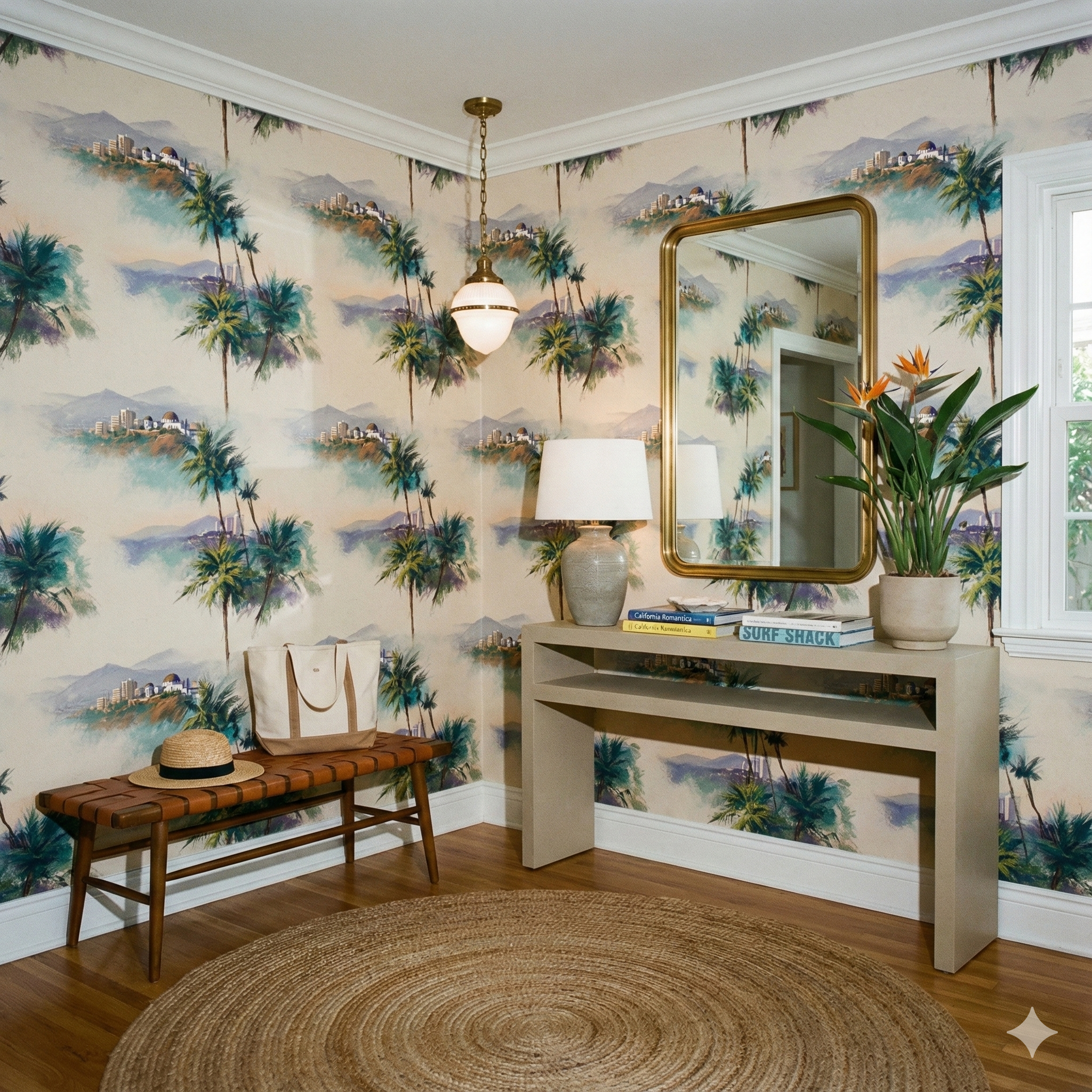 Griffith Mirage Wallpaper, palm trees and building pattern, covers a foyer with a round jute rug.