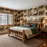 Moose pattern wallpaper with antlers and wildlife design, over a timber bed.