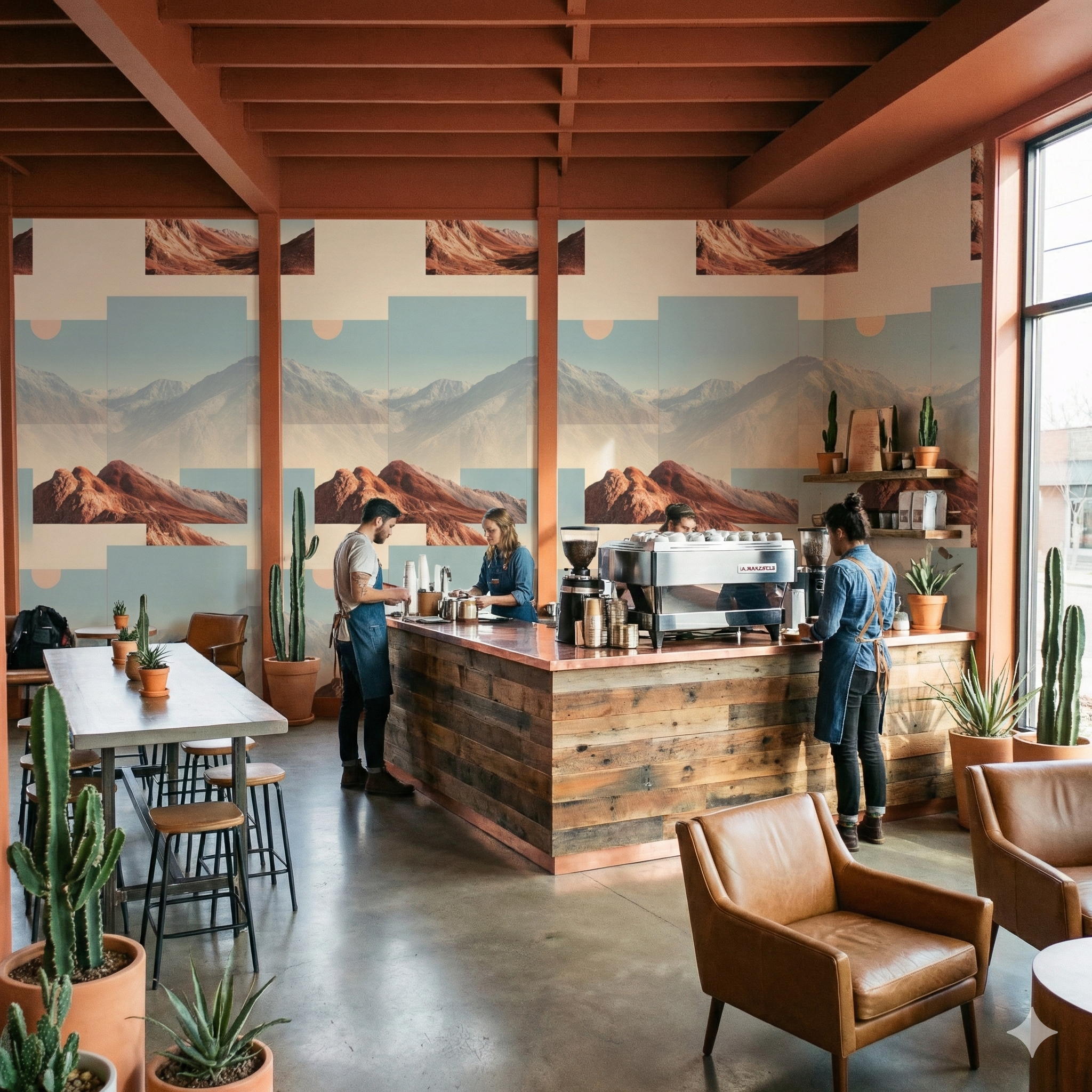 Mesa Fade wallpaper with a desert mountain pattern covering the walls of a trendy coffee shop.
