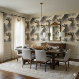 Glenhaven Fold wallpaper with dog pattern, in a dining room setting.
