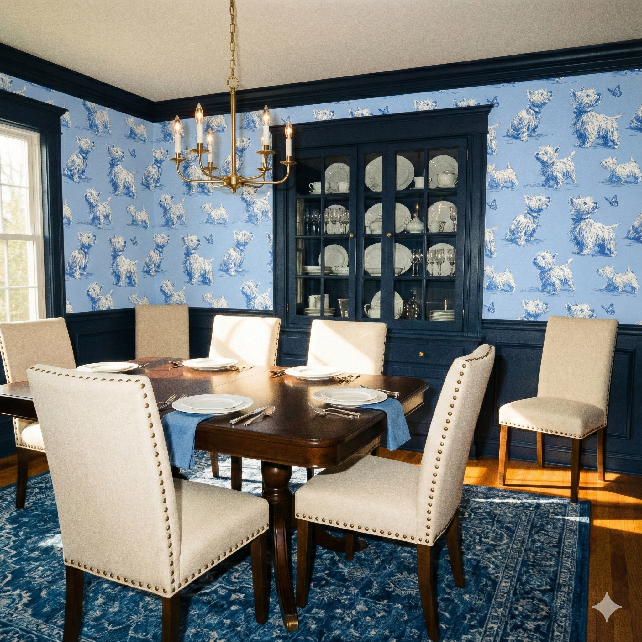 Westies themed wallpaper with blue and white pattern, featuring repeating dog and butterfly motifs.