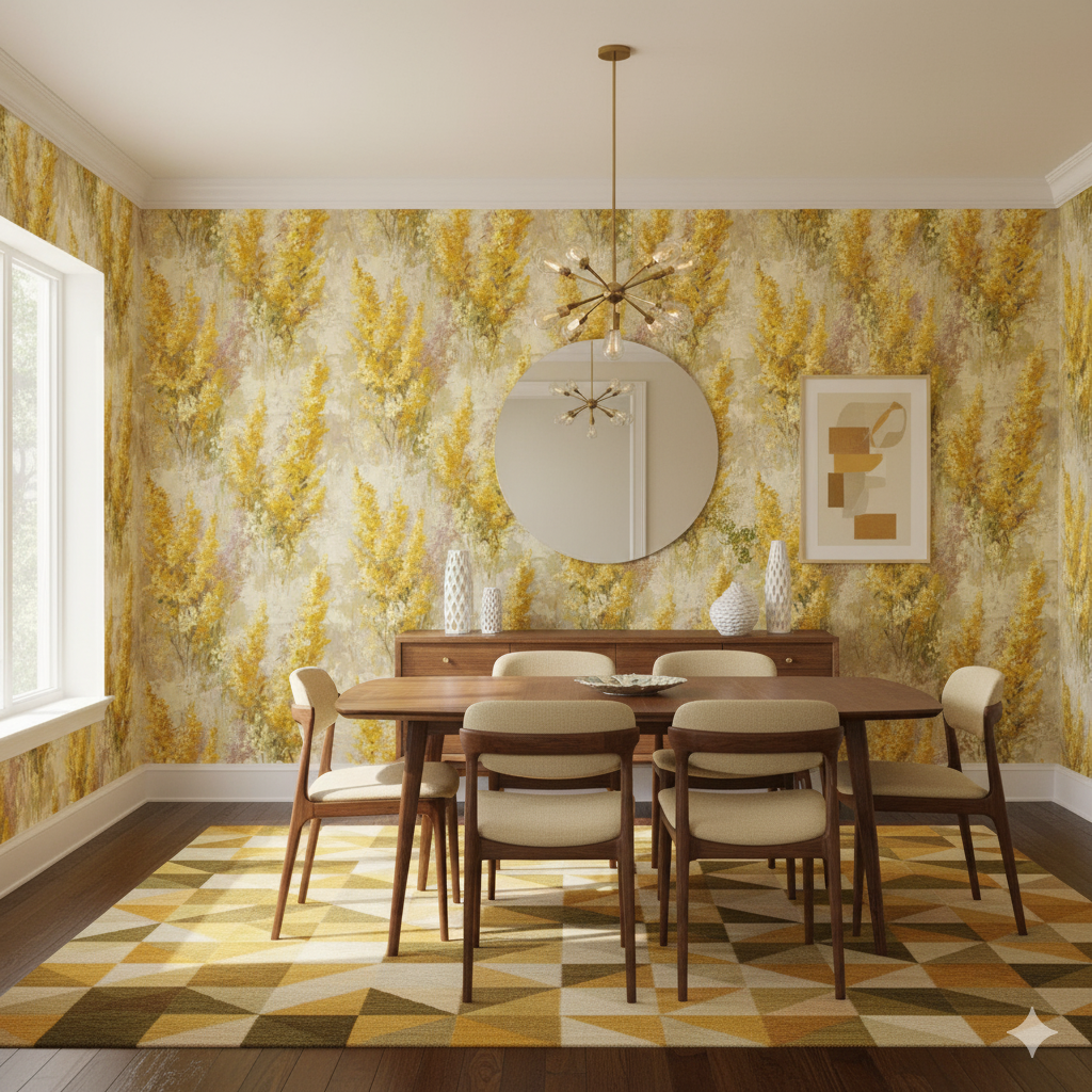 Sunflare Meadow wallpaper with a yellow and beige floral pattern.
