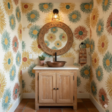 Solaris Burst wallpaper with a floral motif, featuring yellow, green, and red flowers on a white background.