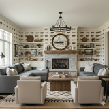 Laramie Row wallpaper featuring a pattern of cows in earth tones, covering the walls of a decorated living room.
