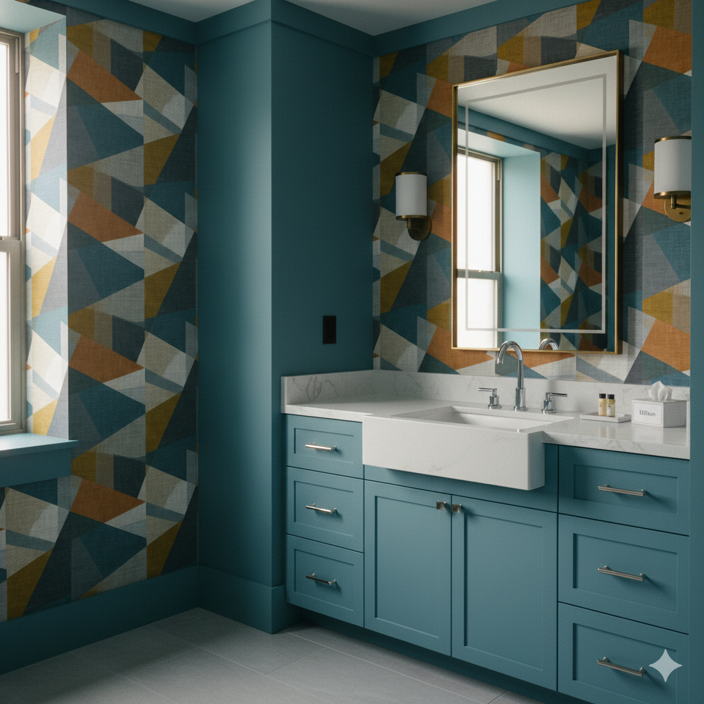 Meridian Block Wallpaper with a geometric pattern in shades of blue, brown, and gray.
